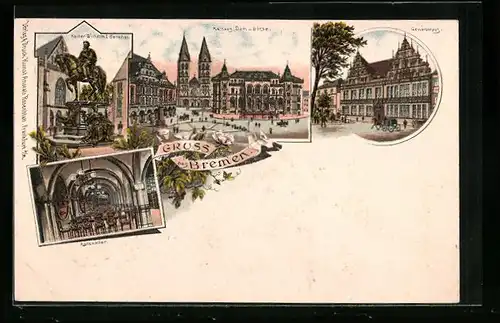 Lithographie Bremen, Rathaus, Dom & Börse, Gewerbehaus, Ratskeller