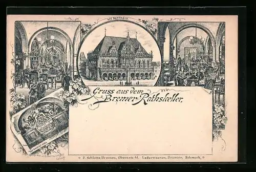 Lithographie Bremen, Gasthaus Rathskeller im Rathaus, Innen- und Aussenansichten