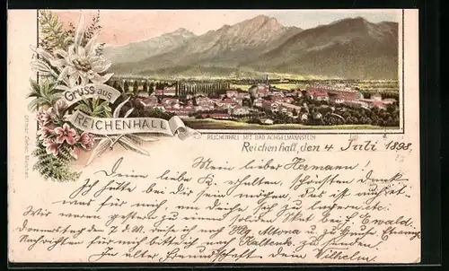 Lithographie Reichenhall, Ortsansicht mit Bad Achselmannstein
