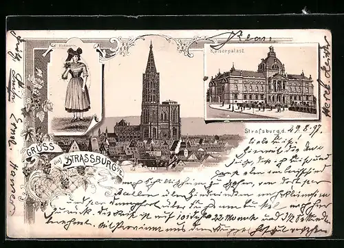 Lithographie Strassburg, Kaiserpalast und Münster, Elsässerin