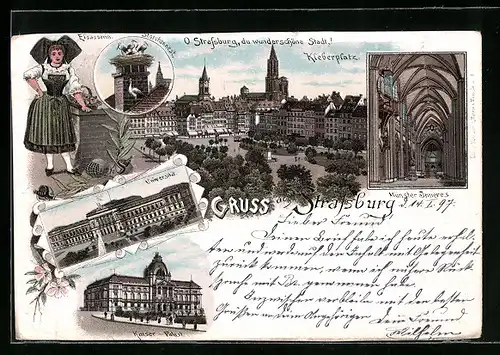 Lithographie Strassburg, Kleberplatz, Kaiser-Palast, Universität