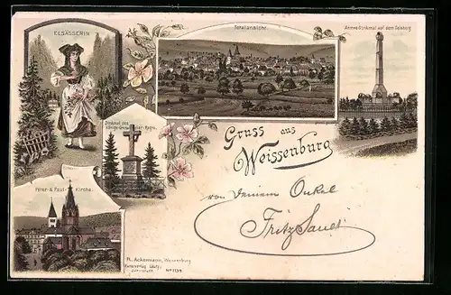 Lithographie Weissenburg, Peter- & Paul Kirche, Armeedenkmal auf dem Geisberg