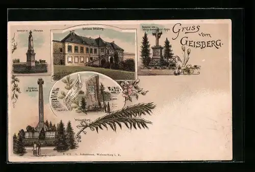 Lithographie Geisberg, Schloss Geisberg, Denkmal bei Altenstadt