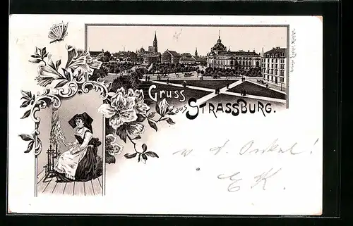 Lithographie Strassburg, Dame am Spinnrad, Ortsansicht
