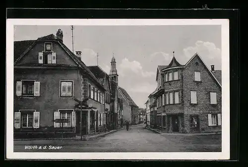 AK Wörth, Häuser an Kreuzung, Kirchturm