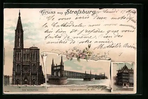Lithographie Strassburg, Das Münster und Eisenbahnbrücke