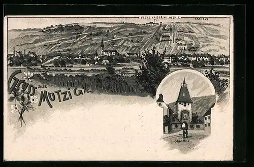 Lithographie Mutzig, Stadttor, Feste Kaiser Wilhelm II. mit Kaserne