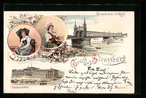 Lithographie Strassburg i. E., Universität, Rheinbrücke bei Kehl