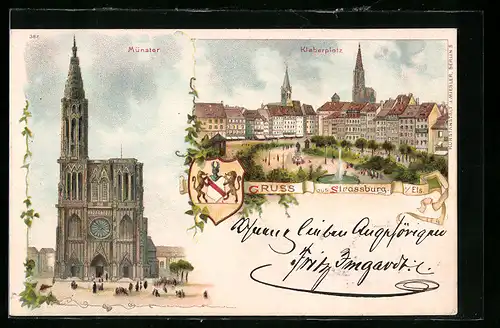 Lithographie Strassburg, Kleberplatz und Münster