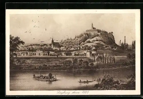 AK Siegburg, Ortsansicht etwa 1850, Flusspartie mit Booten