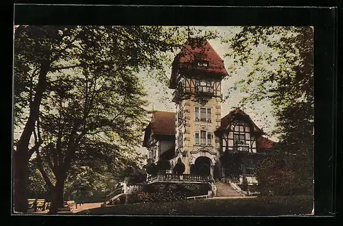 AK Hof i. B., Restaurant Theresienstein, Wirtschaftsgebäude im Tageslicht