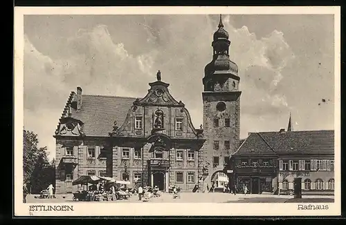 AK Ettlingen, Rathaus und Robert Wackli Geschäft