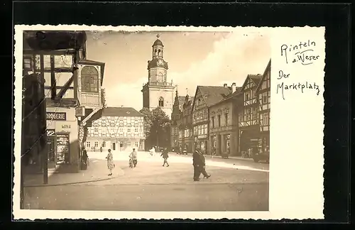 AK Rinteln a. Weser, Drogerie und Kirche am Marktplatz