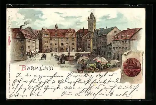 Lithographie Darmstadt, Der Markt mit Verkaufsständen
