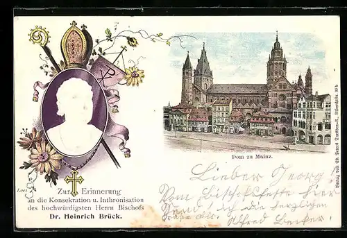 Künstler-AK Mainz, Dom mit Erinnerung an die Konsekration u. Inthronisation des Bischofs Dr. Heinrich Brück