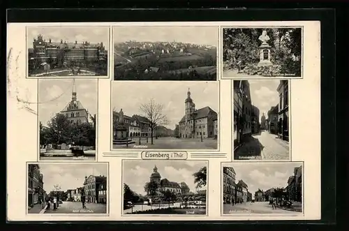 AK Eisenberg i. Thür.,  Platz, Schloss, Stadtkirche, Schillerschule und Marktplatz