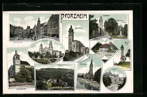 AK Pforzheim, Marktplatz, Schlosskirche, Kath. Kirche, Kupferhammer, Postamt und Seehaus