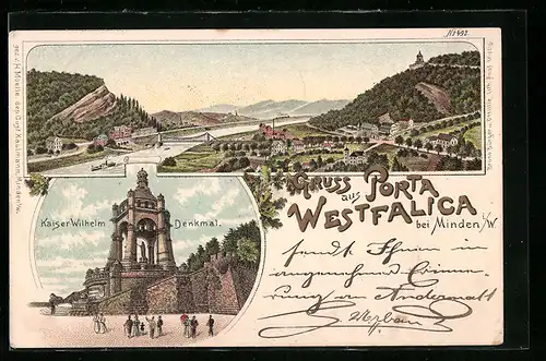 Lithographie Minden i. W., Porta Westfalica und Kaiser Wilhelm Denkmal, Ortsansicht aus der Vogelschau