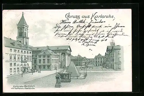 Lithographie Karlsruhe, Marktplatz mit Rathaus und Stadtkirche