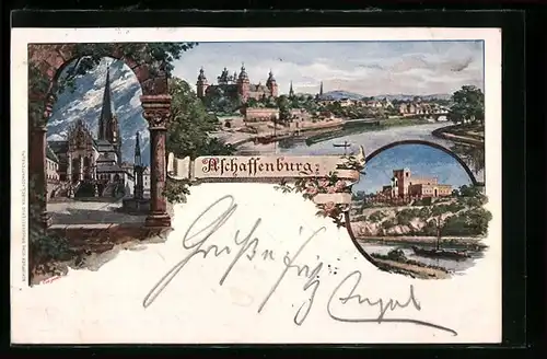 AK Aschaffenburg, Ortsansicht aus der Vogelschau, Schloss und Kirche