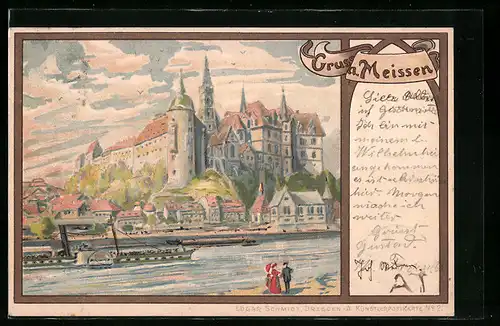 Lithographie Meissen, Ortspartie, Dampfer auf der Elbe