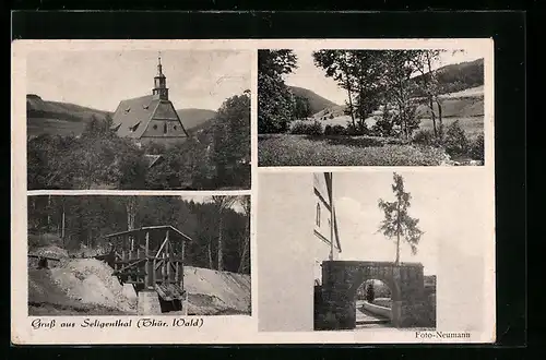 AK Seligenthal / Thür. Wald, Ortspartie, Kirche und Torbogen