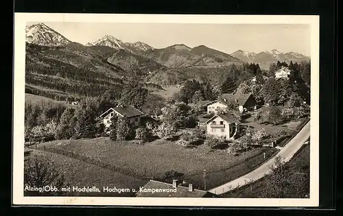 AK Alzing / Obb., Ortsansicht mit Hochfelln, Hochgern u. Kampenwand