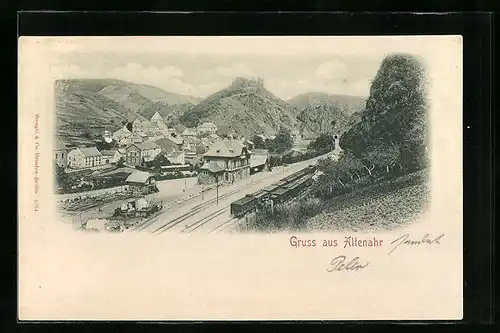 AK Altenahr, Ortspartie mit Bahnhof aus der Vogelschau