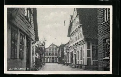 AK Jork / Altes Land, Strassenpartie mit Fachwerkhäusern