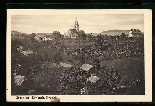 AK Drebach / Erzgeb., Ortsansicht mit Kirche