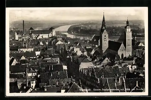 AK Ingolstadt, Stadtpfarrkirche mit Blick zur Donau