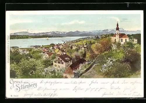 AK Starnberg, Ortsansicht mit Blick zum Starnberger See