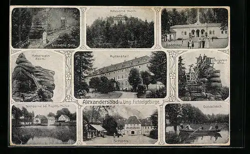 AK Alexandersbad / Fichtelgeb., Luisens-Sitz, Kuranstalt, Schloss, Burgstein, Gondelteich und Kösseine