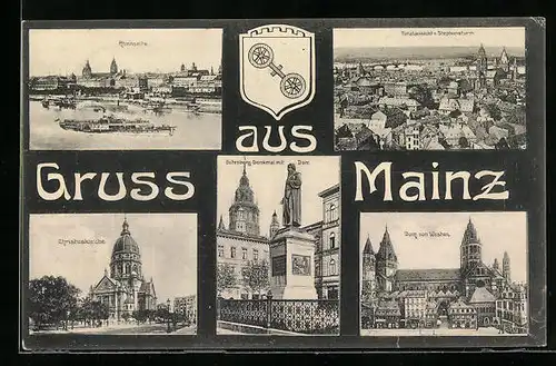 AK Mainz, Christuskirche, Gutenberg-Denkmal mit Dom, Rheinseite und Totalansicht