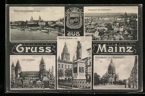 AK Mainz, Rheinansicht mit Stadthalle und Dom, Gesamtansicht vom Stephansturm, Gutenberg-Denkmal und Christuskirche