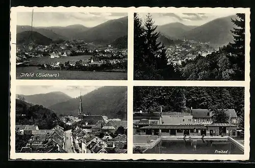 AK Ilfeld / Harz, Ortsansicht aus der Vogelschau, Freibad