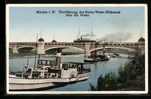 AK Minden i. W., Überführung des Rhein-Weser-Elbkanals über die Weser, Dampfer