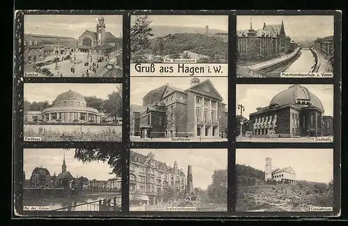 AK Hagen i. W., Dreikaiserbrunnen, Krematorium, Stadthalle, Maschinenbauschule und Volme