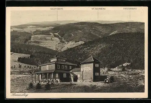 AK Schnett, Gasthaus und Pension Höhenhaus Simmersberg mit Blick auf Adlersberg, Finsterberg u. Gr. Beerberg