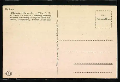 AK Schnett, Gasthaus und Pension Höhenhaus Simmersberg mit Blick auf Adlersberg, Finsterberg u. Gr. Beerberg