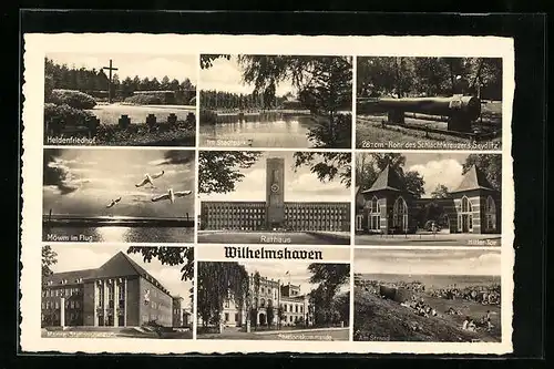 AK Wilhelmshaven, Heldenfriedhof, Stadtpark, Tor, Stationskommando, Marine-Stationsgebäude, Rathaus