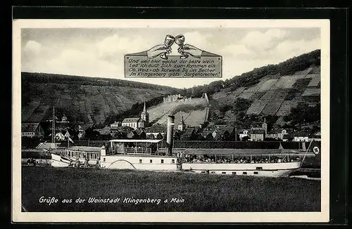 AK Klingenberg / Main, Panorama, Mainpartie mit Dampfer