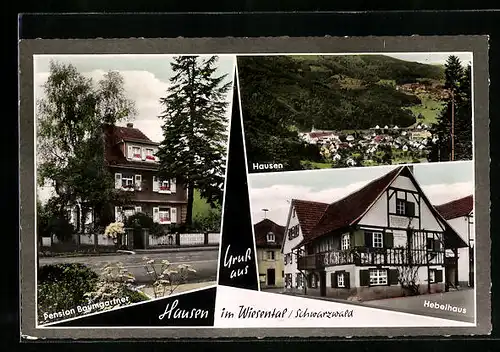 AK Hausen im Wiesental / Schwarzwald, Hotel-Pension Baumgartner, Ortsansicht und Hebelhaus