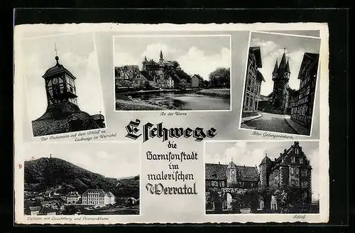 AK Eschwege, Dietemann auf dem Schloss, Alter Gefangenenturm, Lyzeum mit Leuchtberg und Bismarckturm, Werrapartie