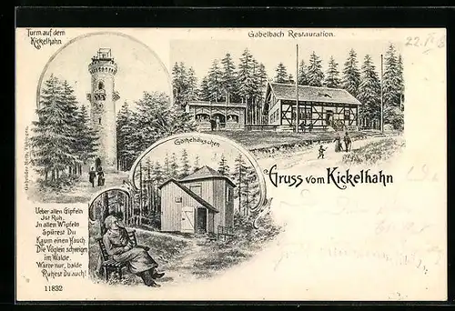 AK Ilmenau / Thür., Turm auf dem Kickelhahn, Gabelbach Restauration, Goethe vor dem Goethehäuschen