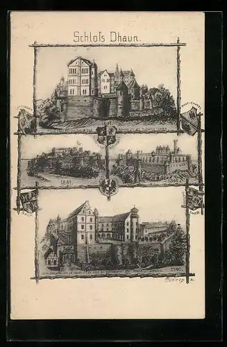 Künstler-AK Dhaun, Schloss Dhaun in vier Ansichten verschiedener Epochen