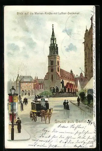 Lithographie Berlin, Blick auf die Marienkirche mit Luther-Denkmal, Neuer Markt