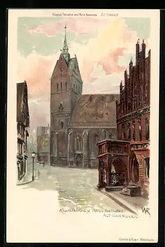 Künstler-AK Alt-Hannover, Marktkirche und Altes Rathaus