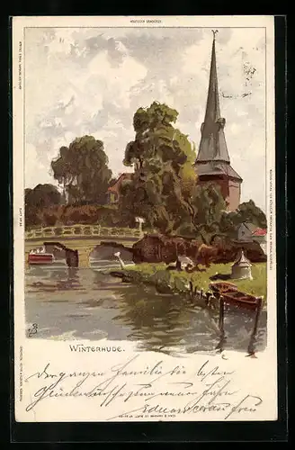 Künstler-AK Carl Biese Hamburg-Winterhude, Ortspartie mit Kirche