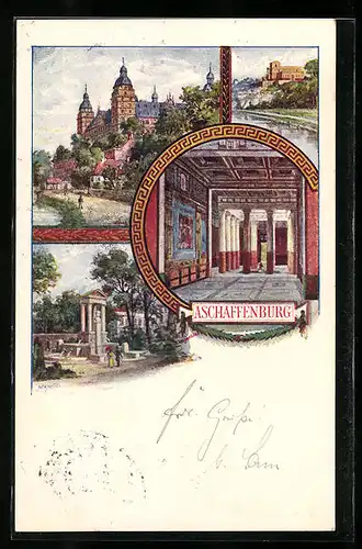 Künstler-AK Aschaffenburg, Schloss, Pompejanum